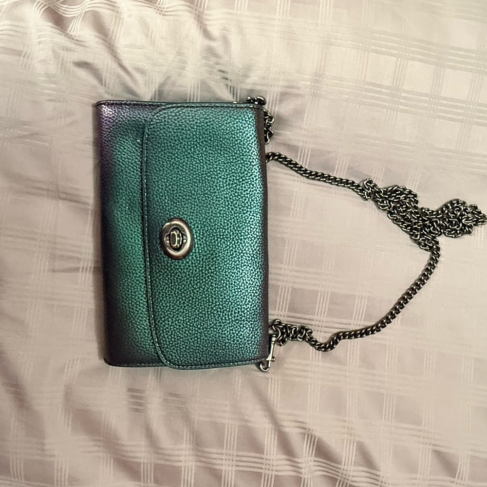 Coach Iridescent Teal Crossbody with Silver Chain